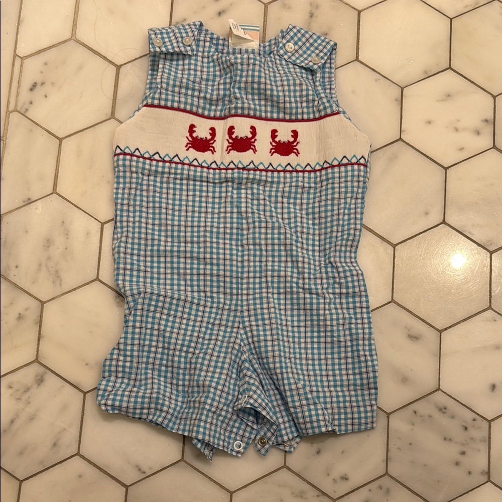 Blue Checkered Kids One Piece with Red Crab Design 18m